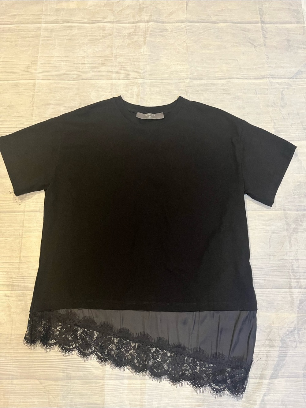 Primark Black Satin Lace Hem Short-Sleeve T-Shirt Sz M - Picture 4 of 8